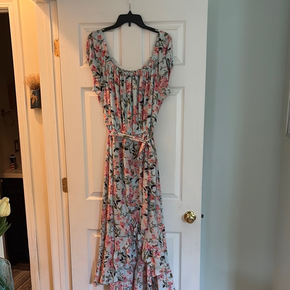 Bar III Pink and Blue Ruffled High Low Sundress